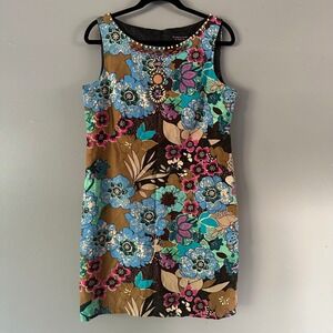 Signature by Robbie Bee Brown Floral Linen Midi Dress with Wooden‎ Beads